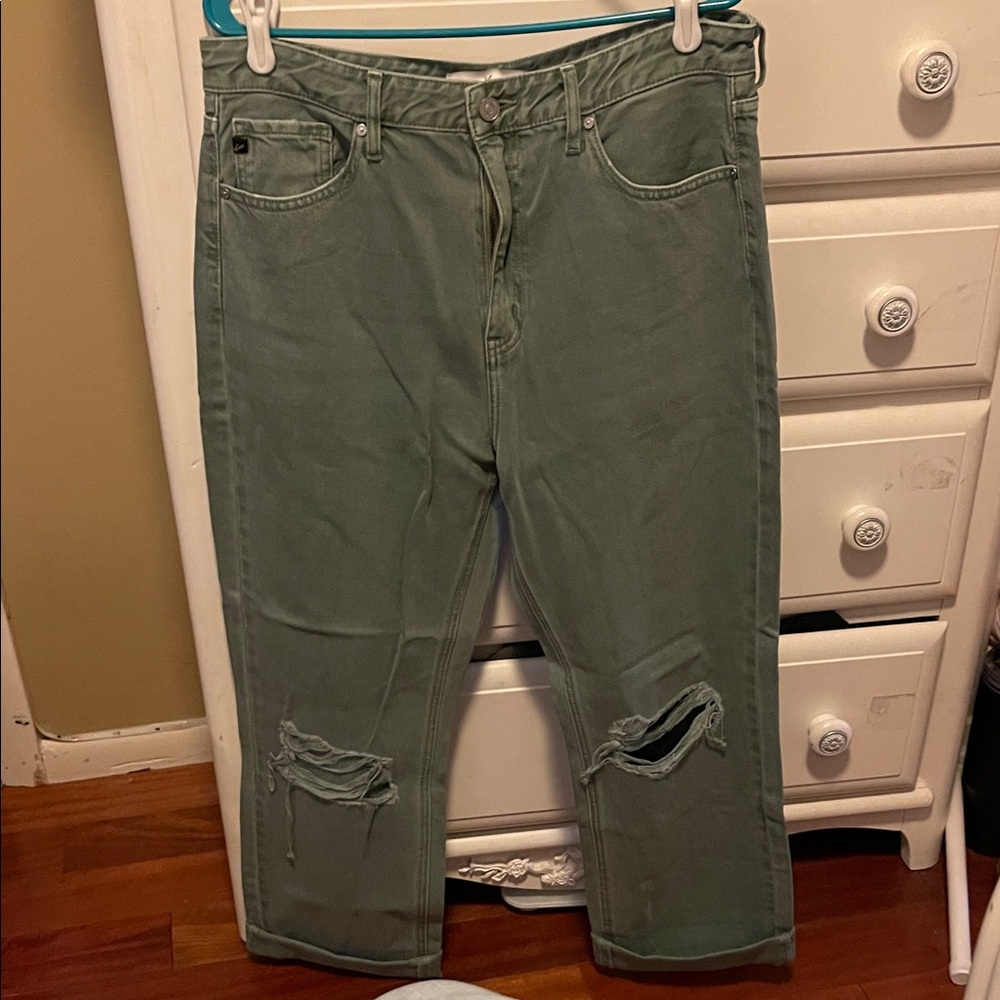 KanCan Olive Ankle Jeans with Distressed Knees